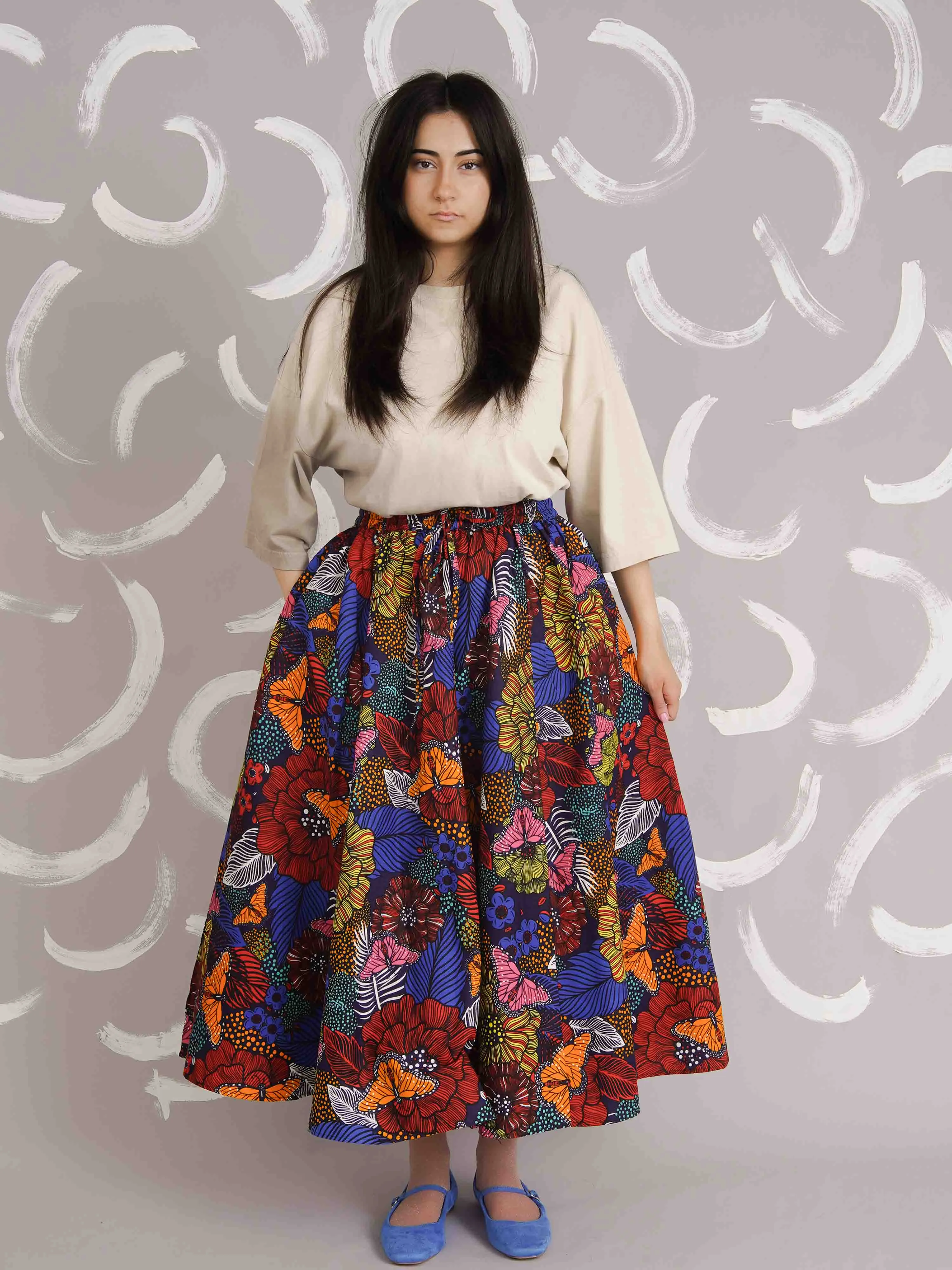 Amina Bold Floral Dutch Wax Midi Skirt with Pockets – Cotton