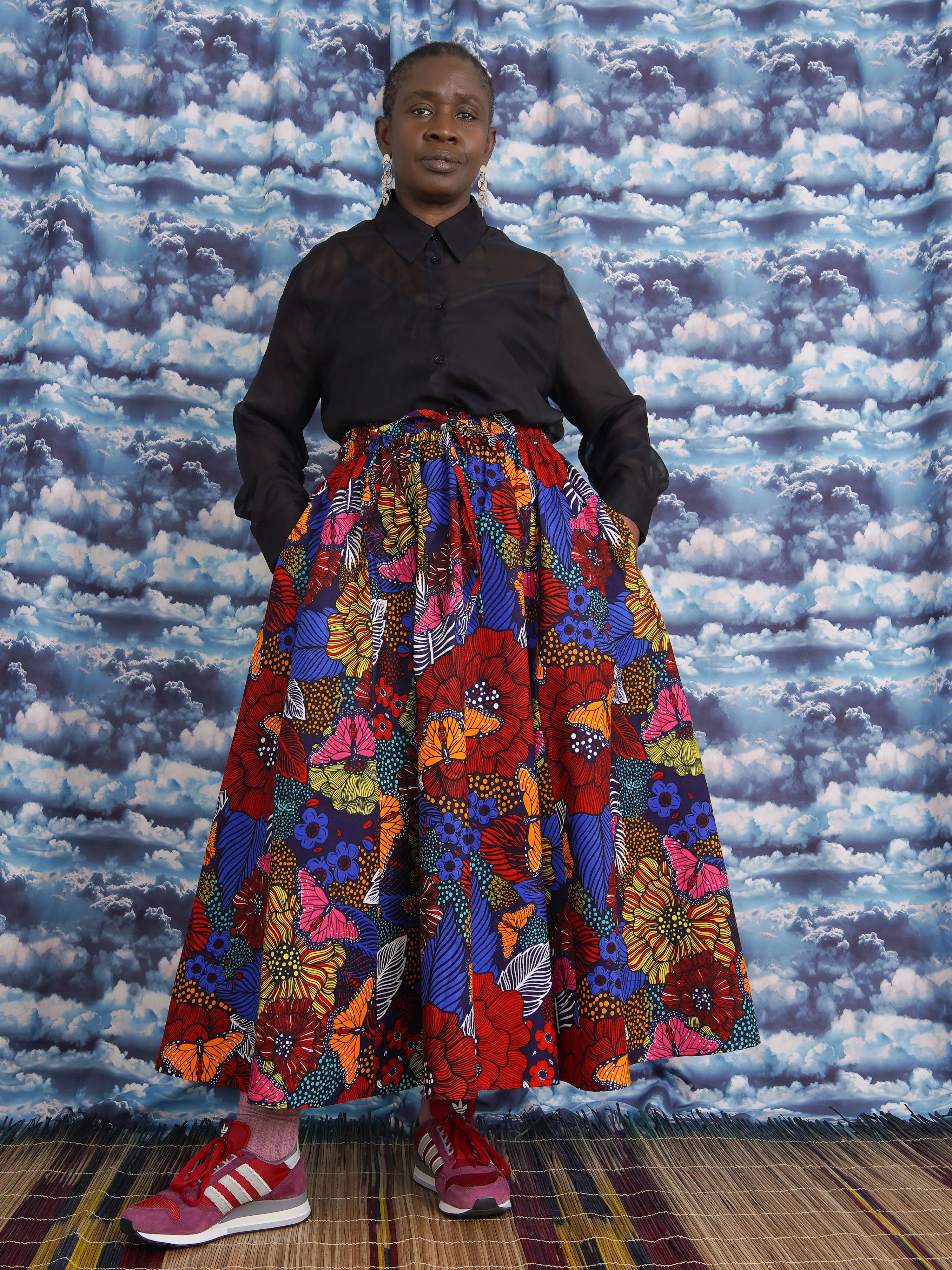 Amina Bold Floral Dutch Wax Midi Skirt with Pockets – Cotton
