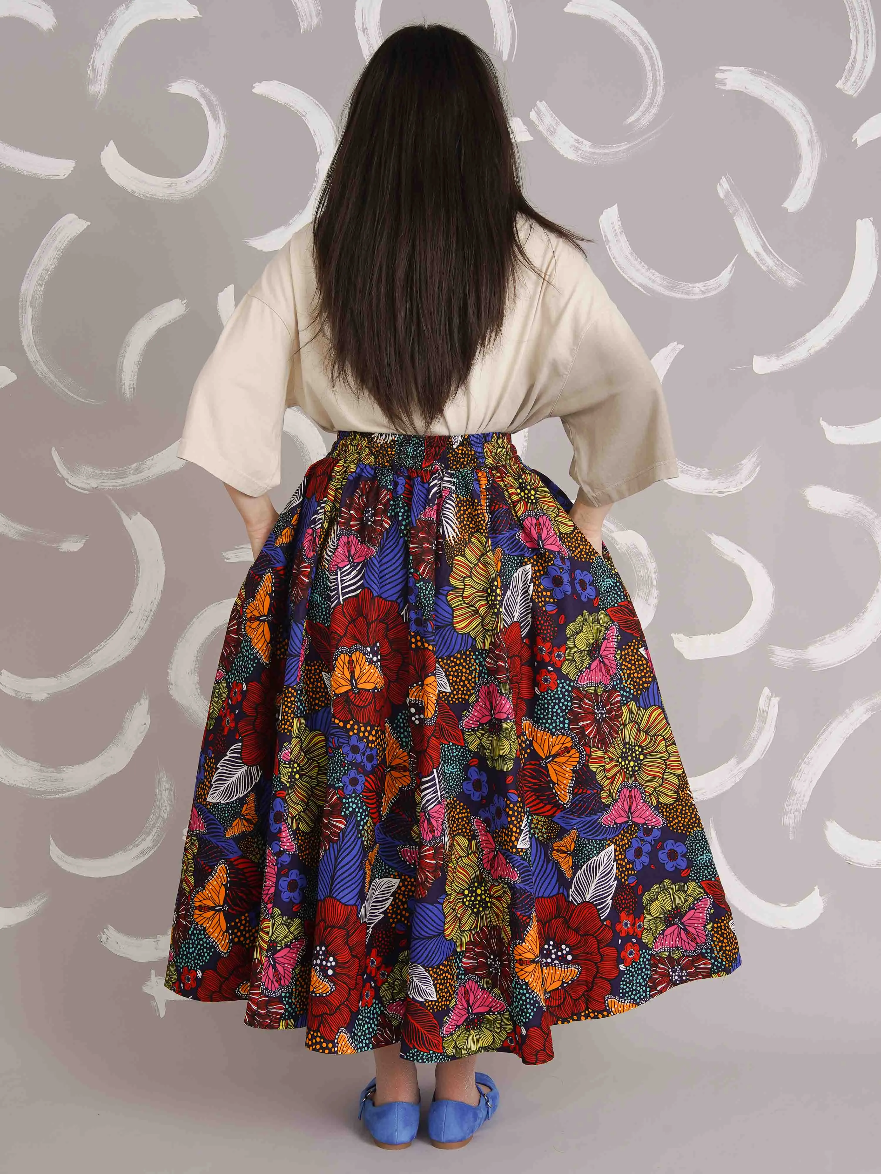 Amina Bold Floral Dutch Wax Midi Skirt with Pockets – Cotton