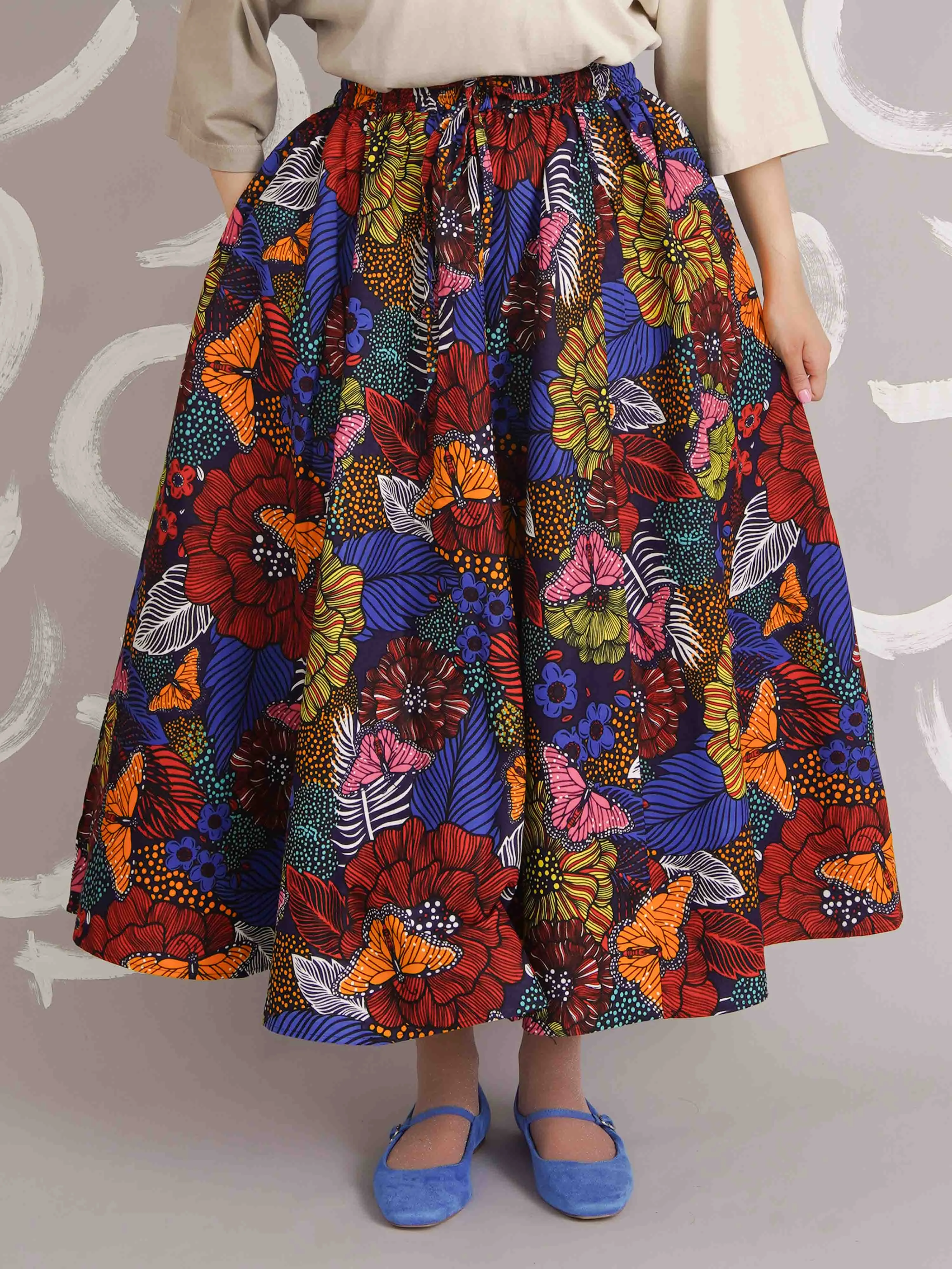 Amina Bold Floral Dutch Wax Midi Skirt with Pockets – Cotton