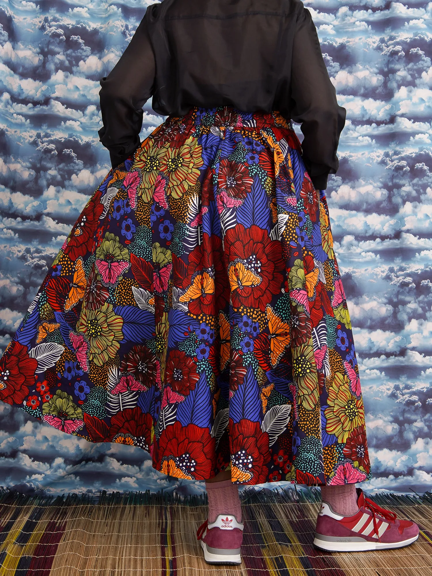 Amina Bold Floral Dutch Wax Midi Skirt with Pockets – Cotton