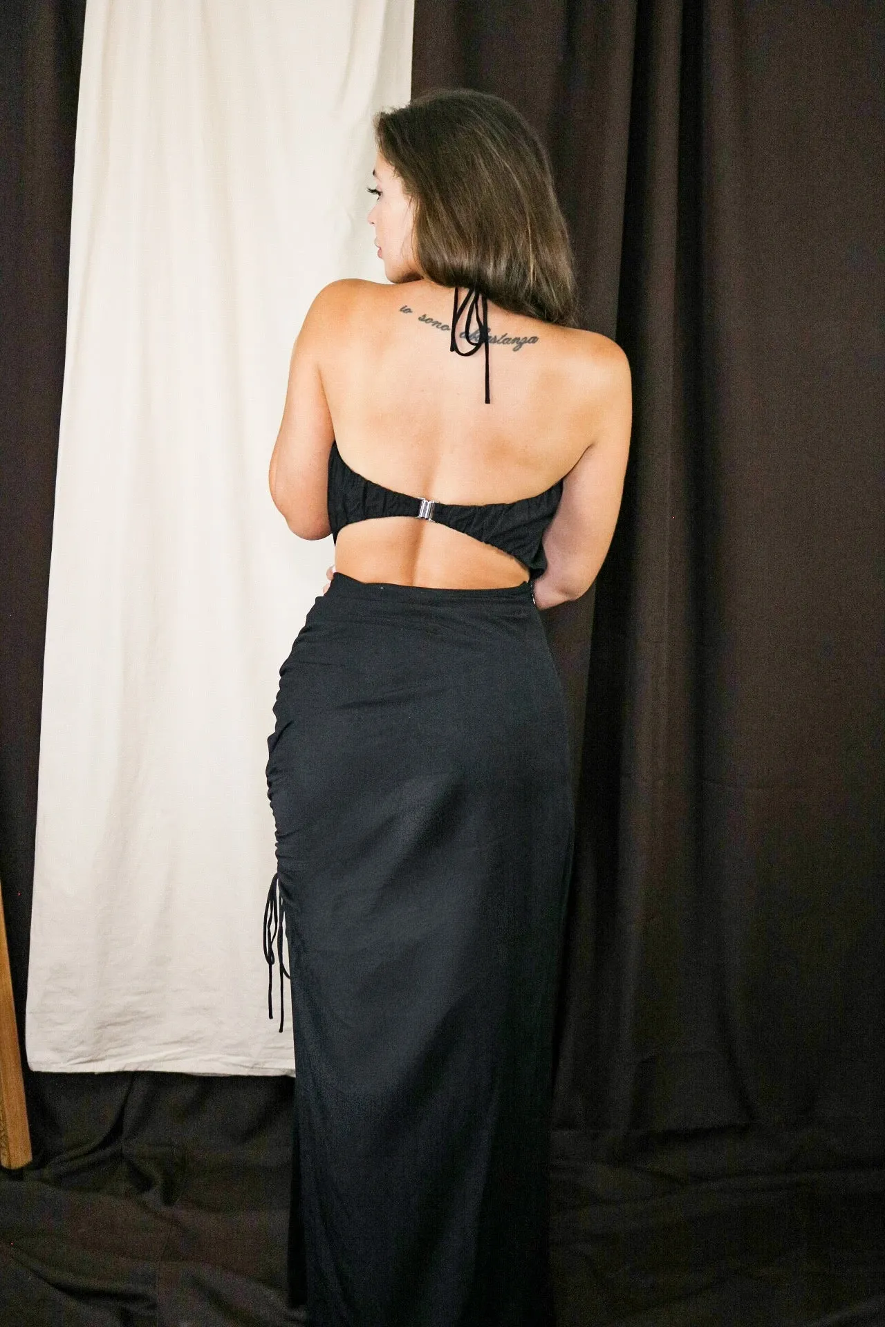 'Atlas' Ruched Slit Halter Dress in Black