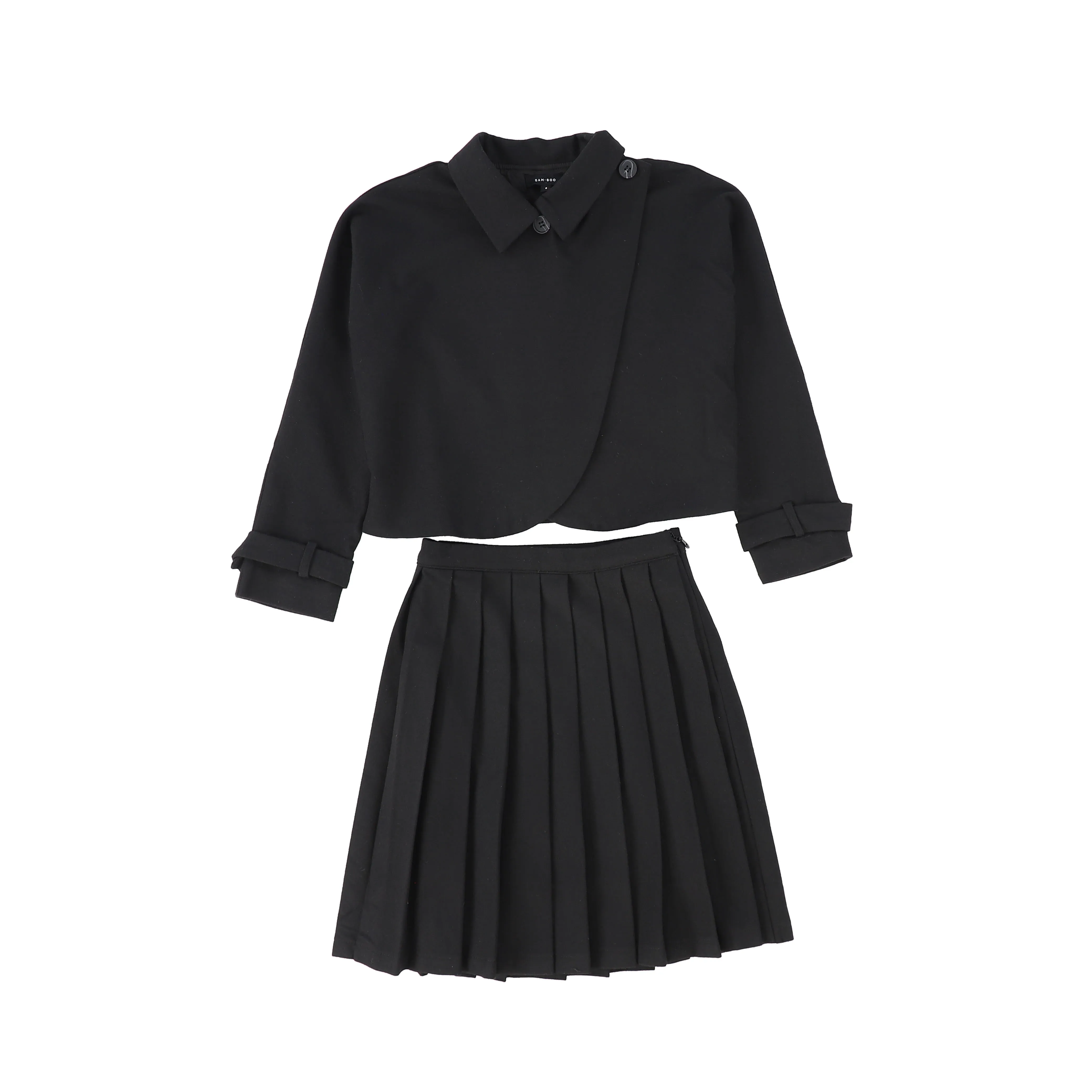 Bamboo Black Wool Pleated Skirt And Jacket Set