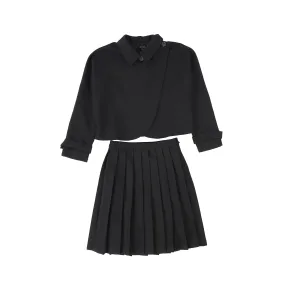 Bamboo Black Wool Pleated Skirt And Jacket Set