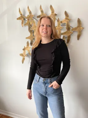 Black Boho Ruffle Long Sleeve Viscose Top - Medium