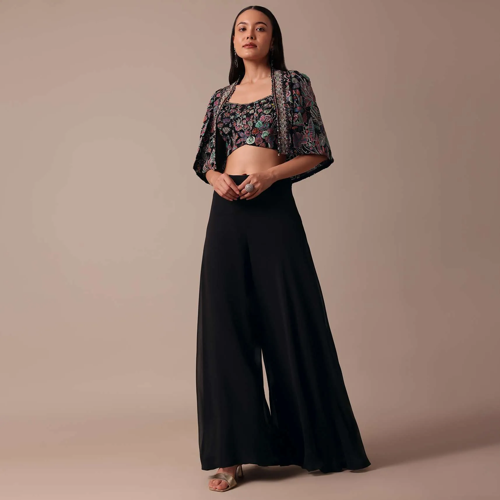 Black Fusion Palazzo With Embroidered Jacket