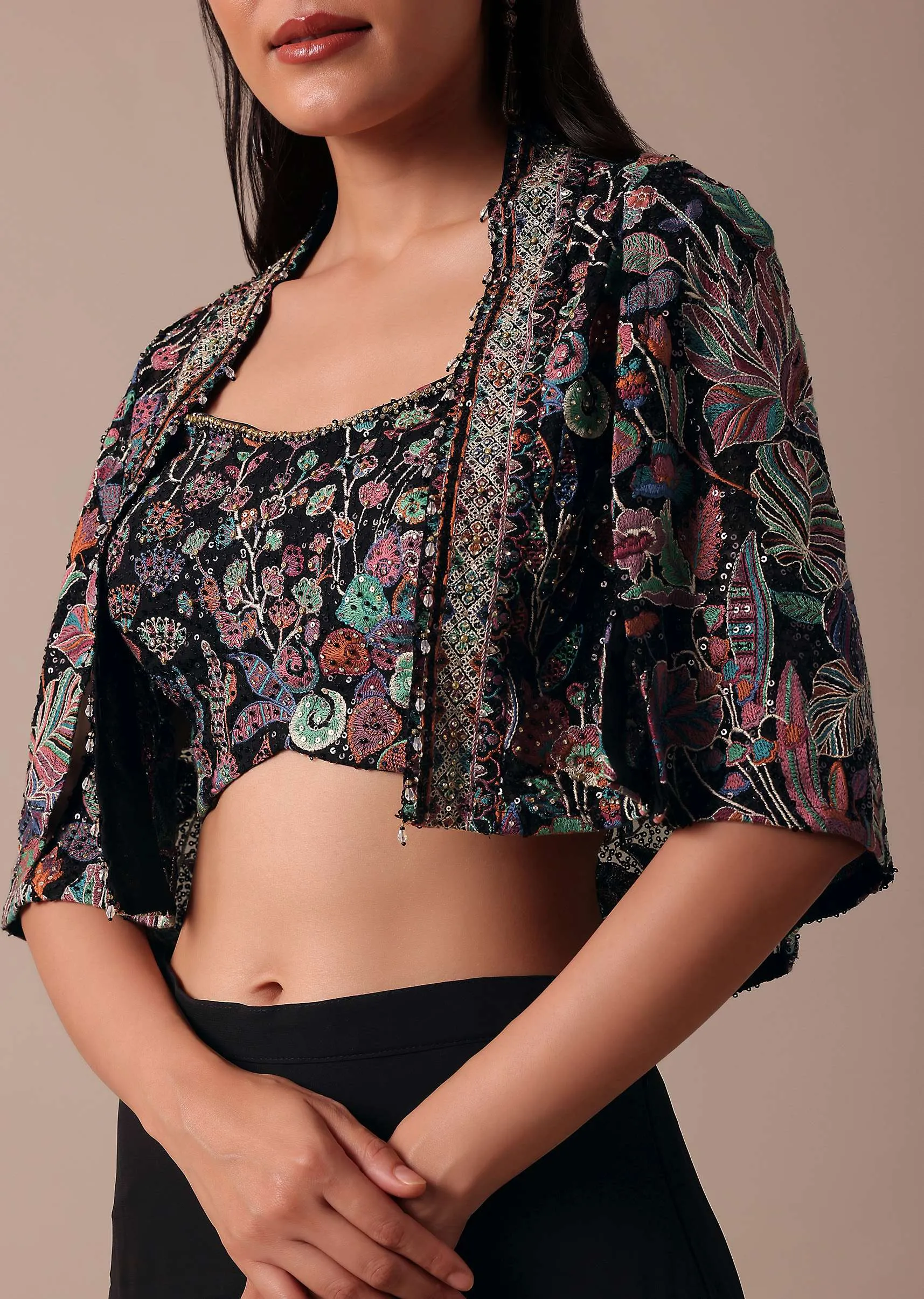 Black Fusion Palazzo With Embroidered Jacket