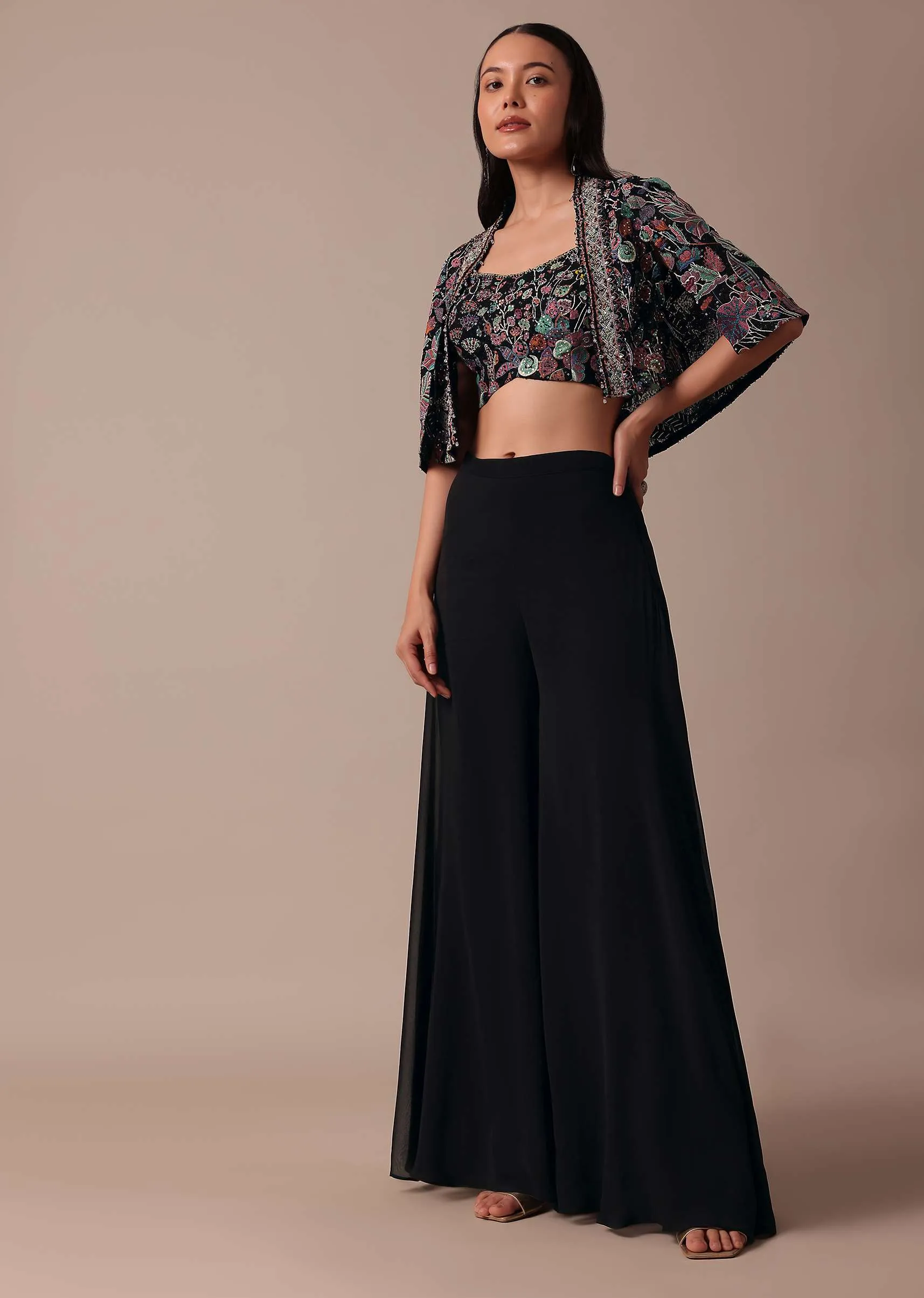 Black Fusion Palazzo With Embroidered Jacket