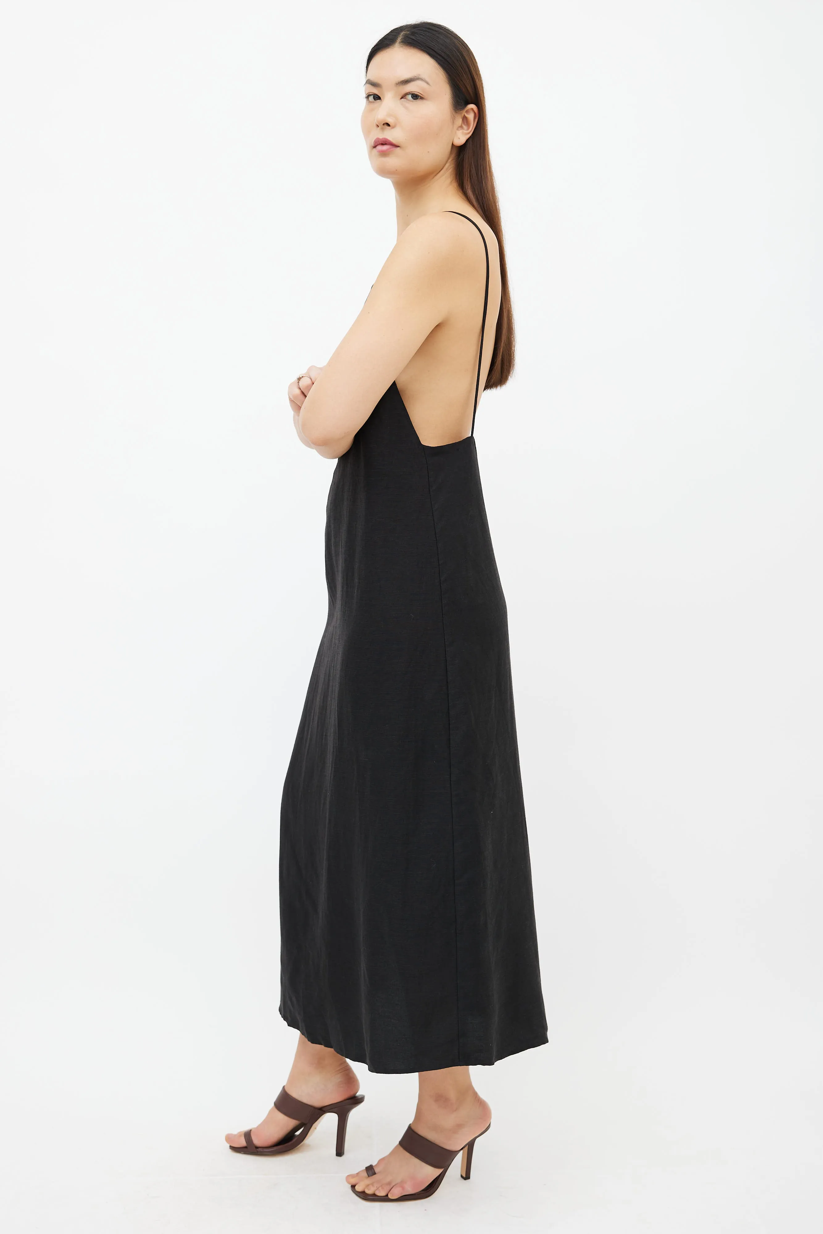 Black Linen Sleeveless Midi Dress