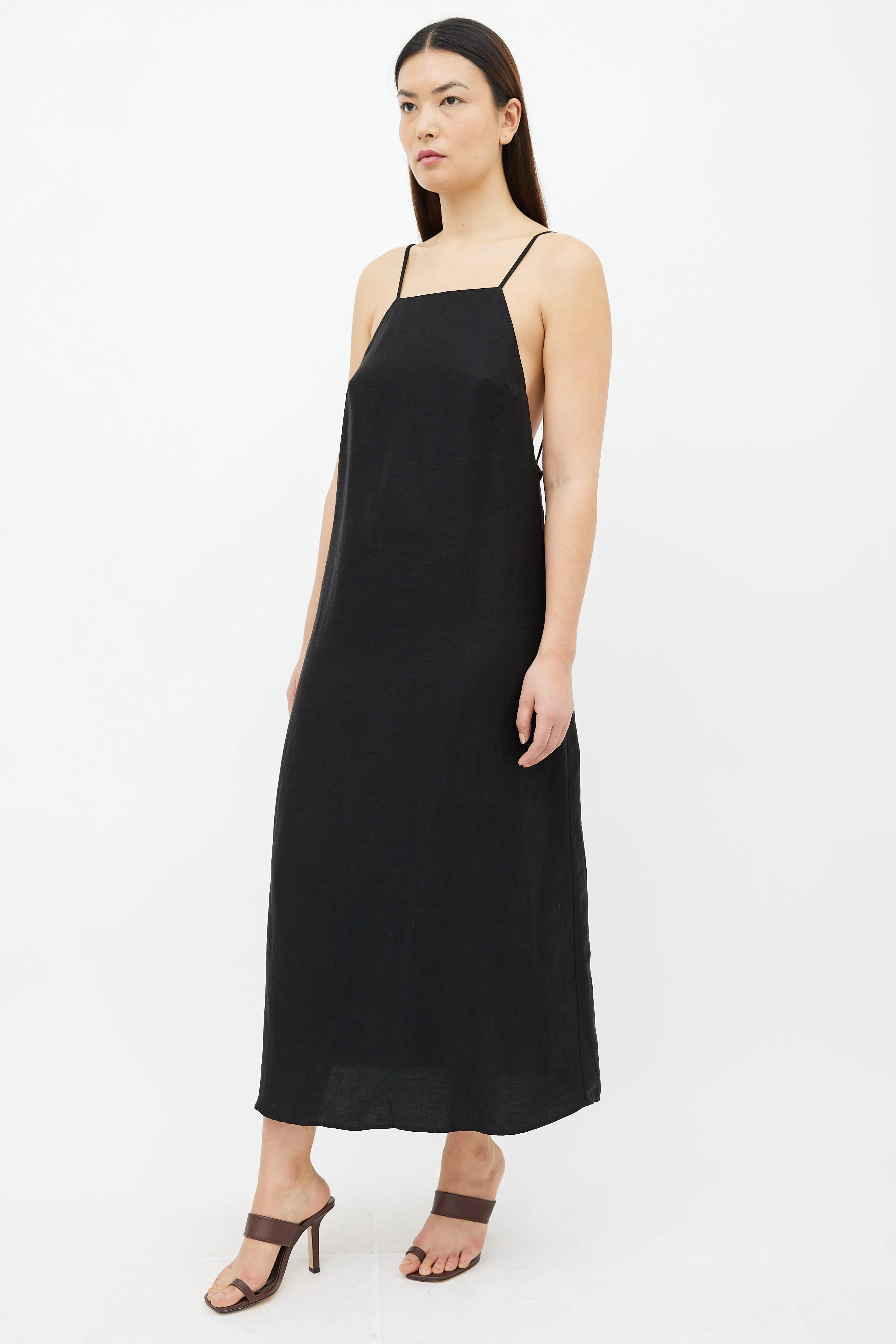 Black Linen Sleeveless Midi Dress