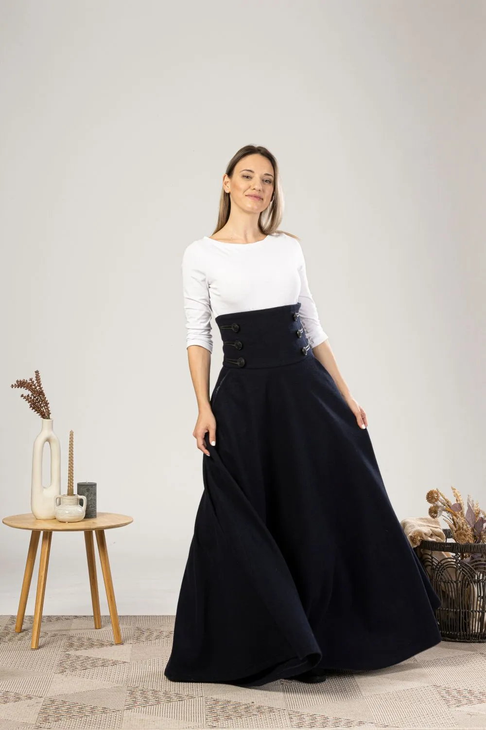 Brown Plaid Winter Wool Maxi Skirt