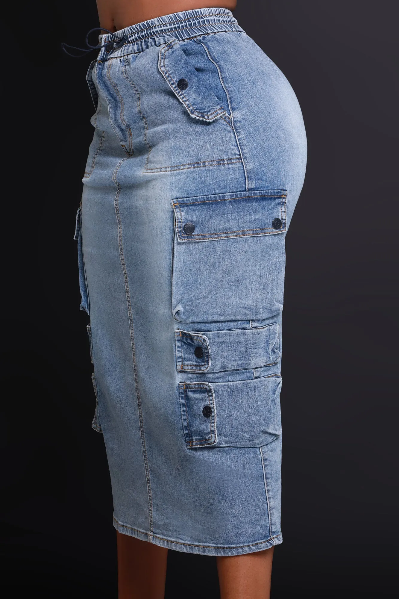 By Default Denim Cargo Midi Skirt - Light Wash