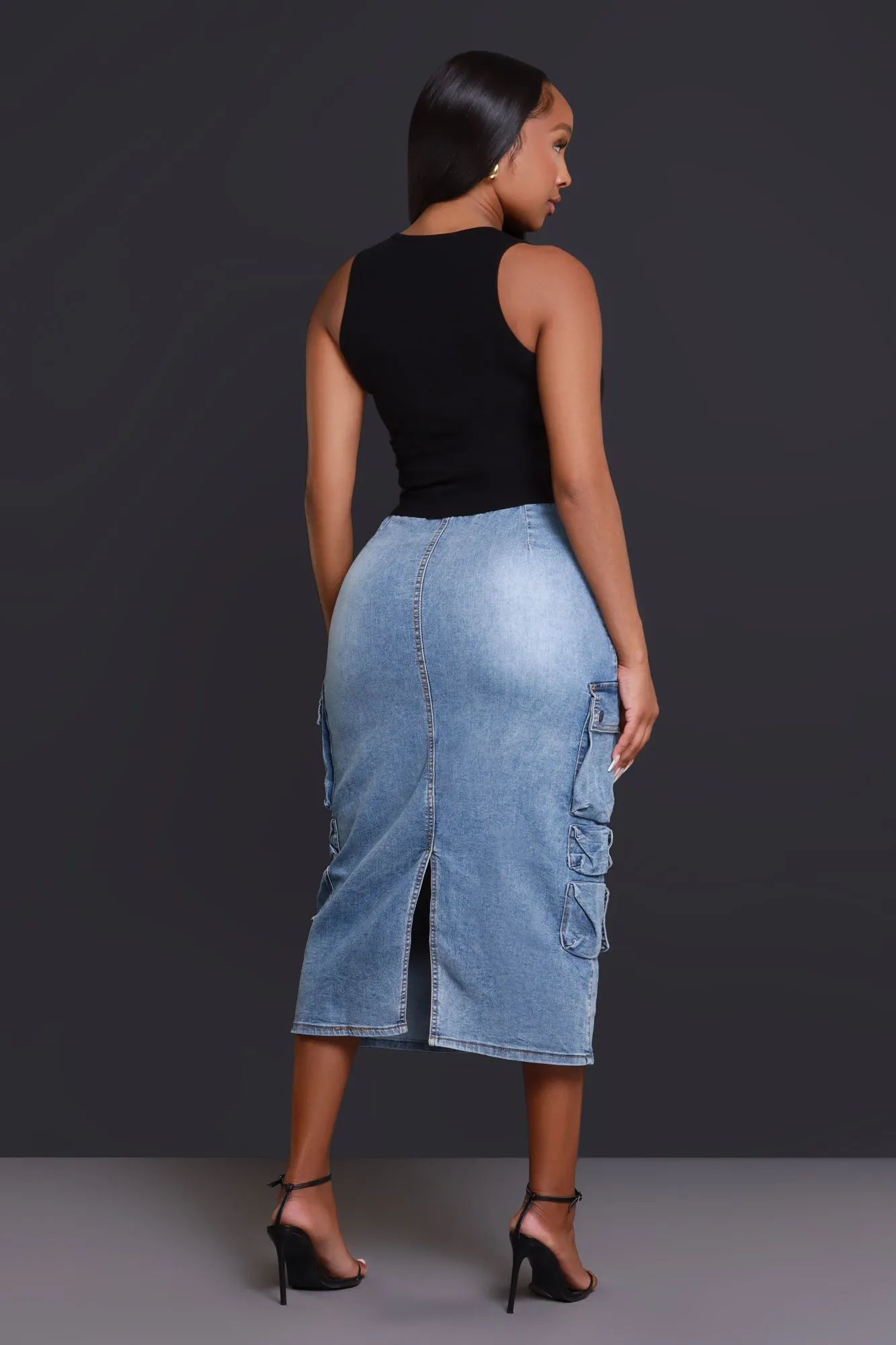 By Default Denim Cargo Midi Skirt - Light Wash