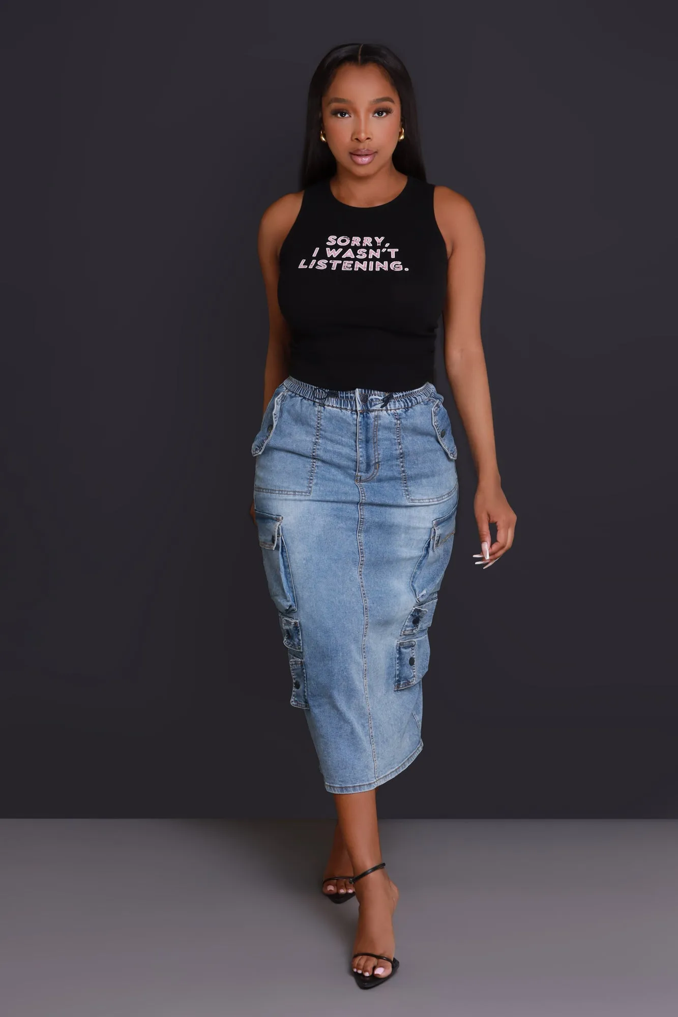 By Default Denim Cargo Midi Skirt - Light Wash