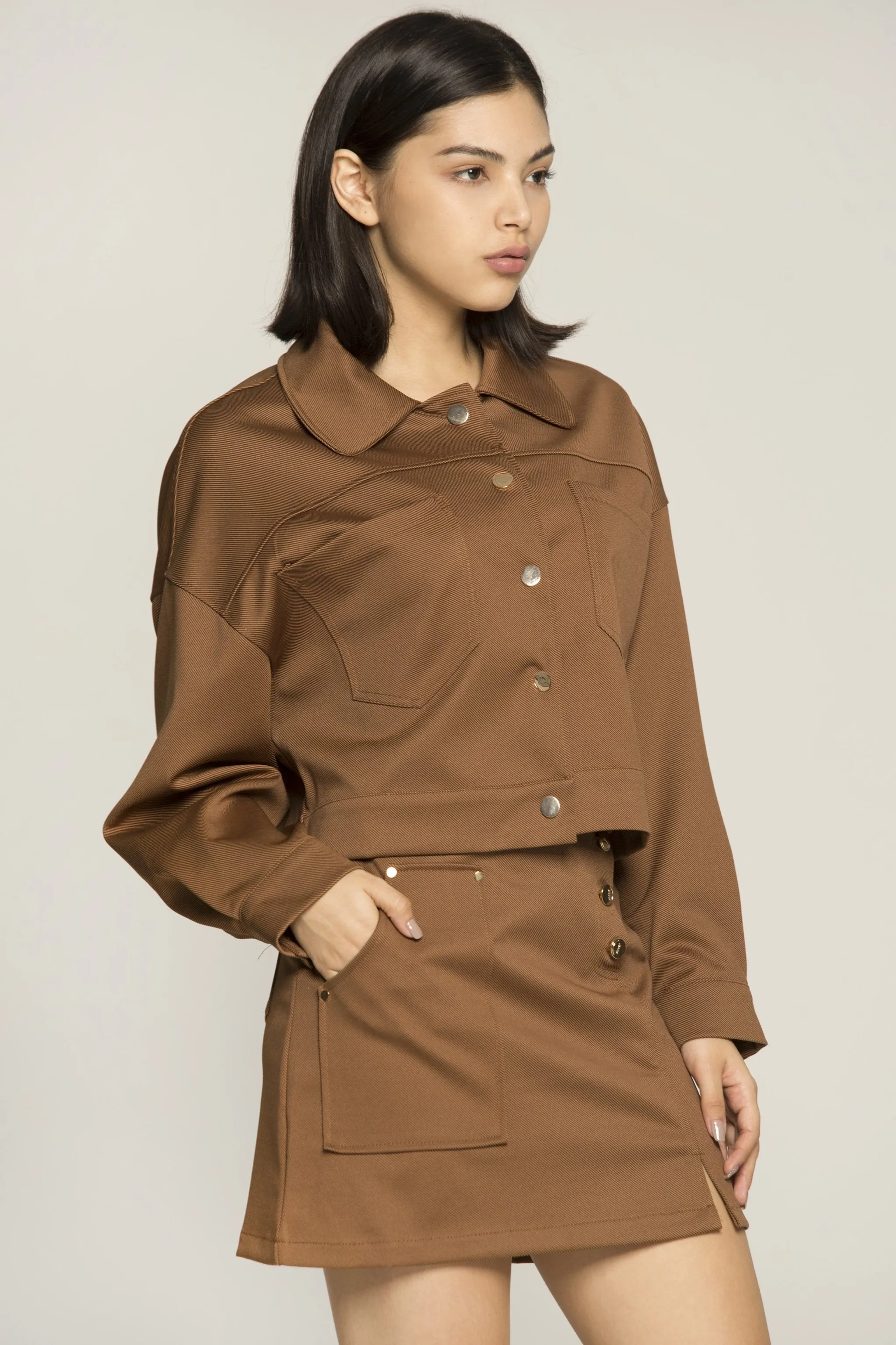 Caramel Brown Button Up Jacket and Skirt Set