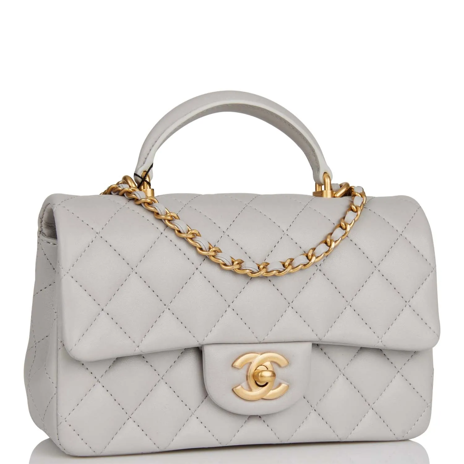 Chanel Mini Rectangular Flap Bag with Top Handle Grey Lambskin Antique Gold Hardware