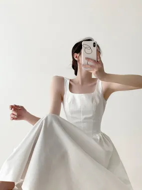 deanwangkt Korean Straps Midi Dress for Women  New Fashion Elegant Square Collar Sleeveless White Dress Chic Fairycore Vintage Dresses