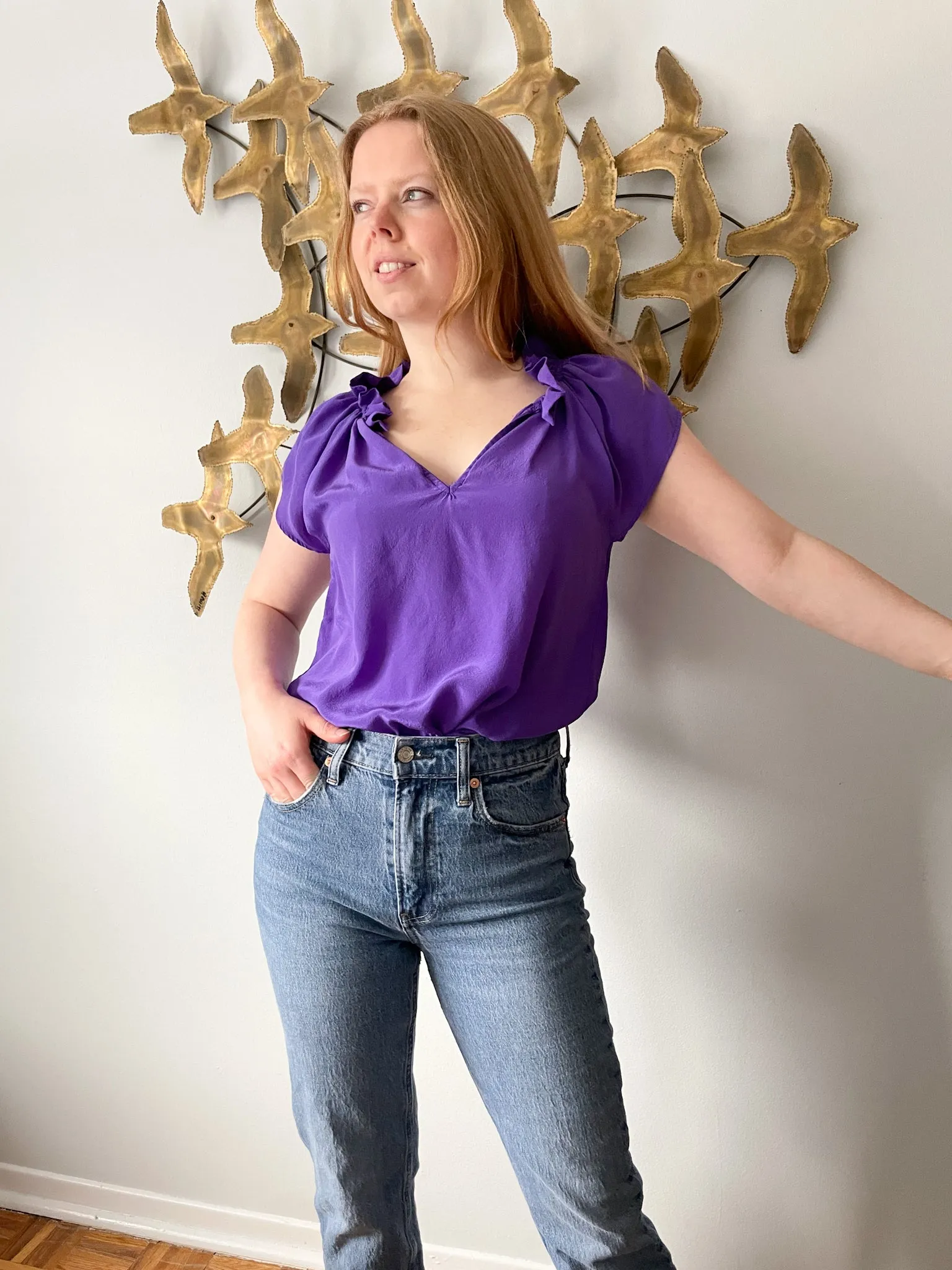 Eight Sixty Purple Silk Ruffle Top - Medium