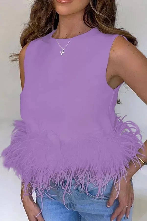 Eternally Glitzy Feather Trim Crop Tank Top