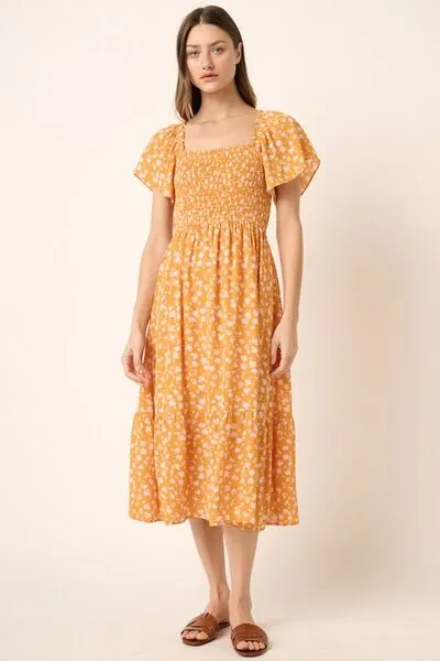 Floral Smocked Flutter Sleeve Midi Dress