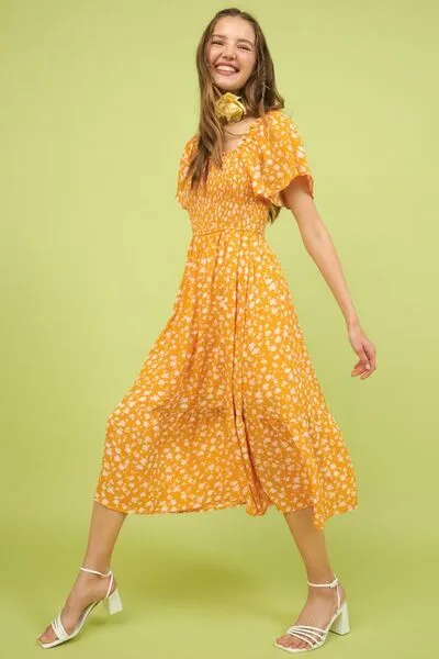 Floral Smocked Flutter Sleeve Midi Dress