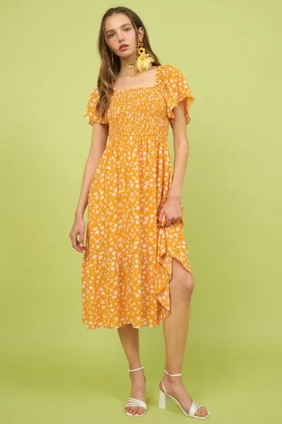 Floral Smocked Flutter Sleeve Midi Dress