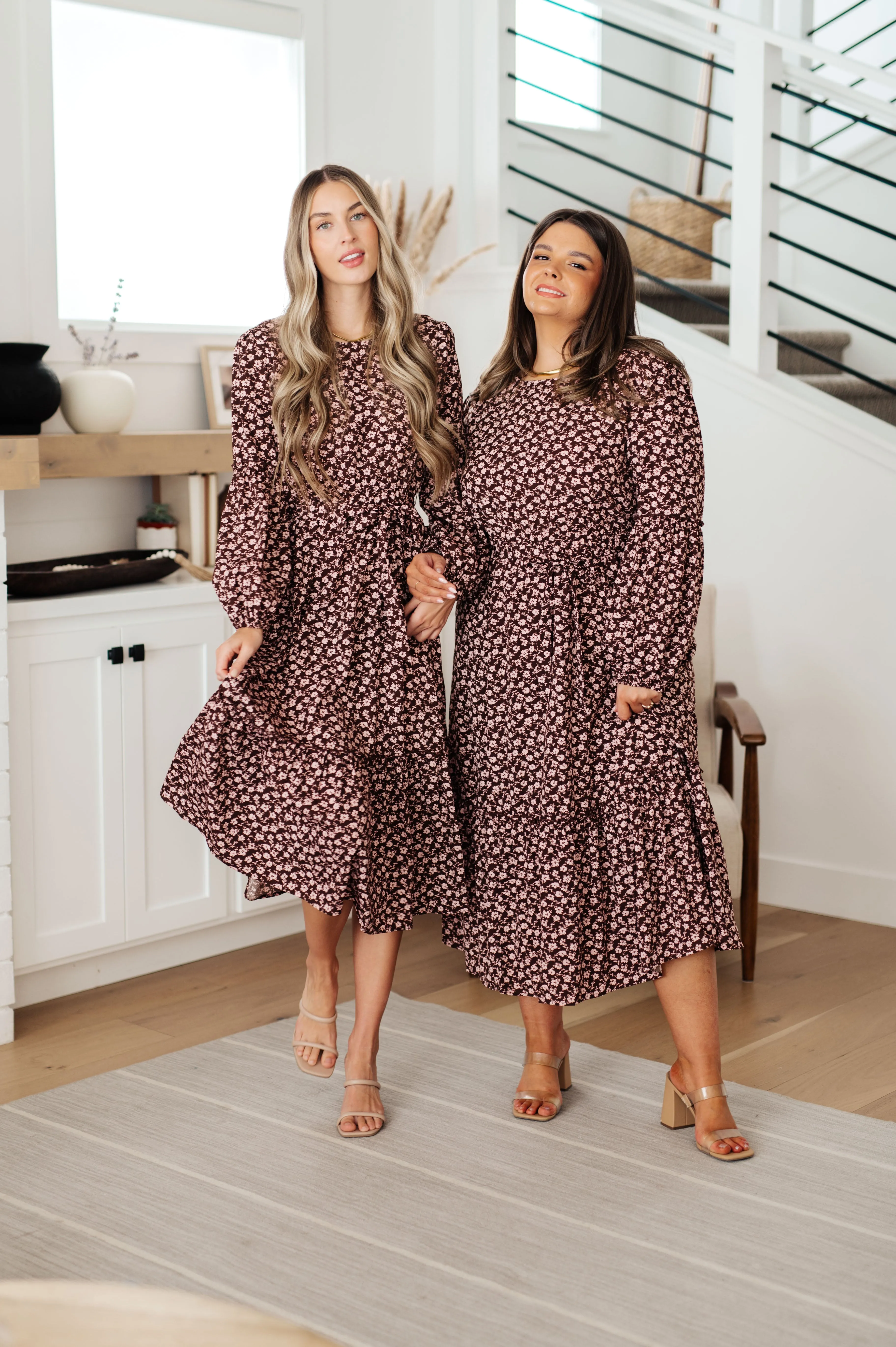 Flow With The Times Floral Midi Dress In Brown - Hayden