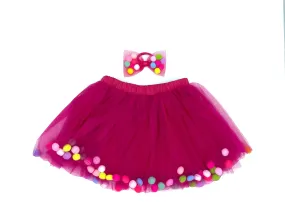 Fuchsia Tutu | Hot Pink Tutu For Girls | Pom Pom Tutu and Bow Hair Tie | 2Pcs Set