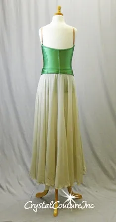 Green Corset Leotard with Lt Tan Skirt - Appliques - Swarovski Rhinestones