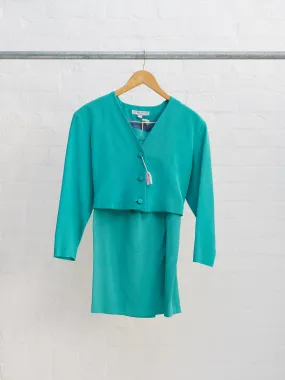 Jasper Conran 1980s teal grosgrain skirt suit - womens 8 6