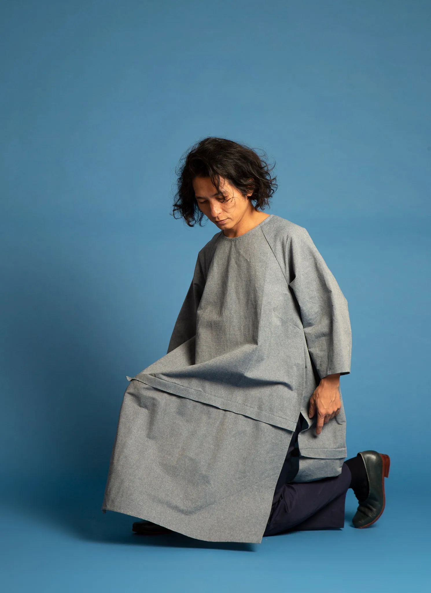 Lim Thắm Unisex Hi-lo 2-1 Convertible Áo Dài Tunic/Top/Dress in Blue Linen - 2
