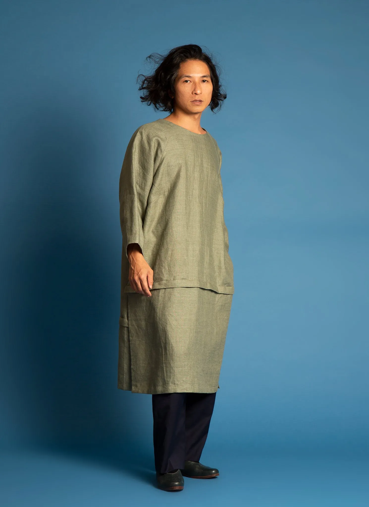 Lim Thắm Unisex Hi-lo 2-1 Convertible Áo Dài Tunic/Top/Dress in Green Linen - 2