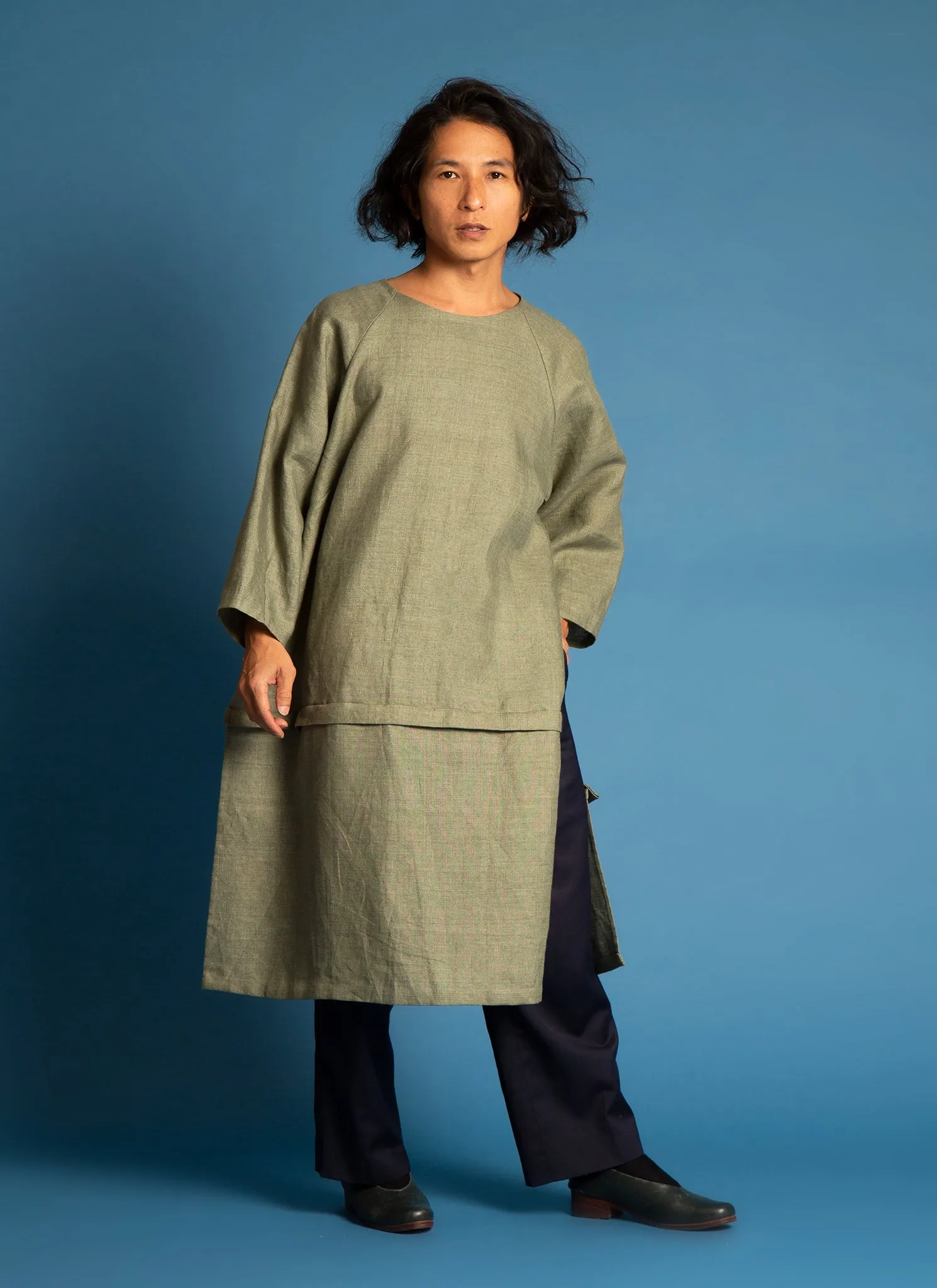 Lim Thắm Unisex Hi-lo 2-1 Convertible Áo Dài Tunic/Top/Dress in Green Linen - 2