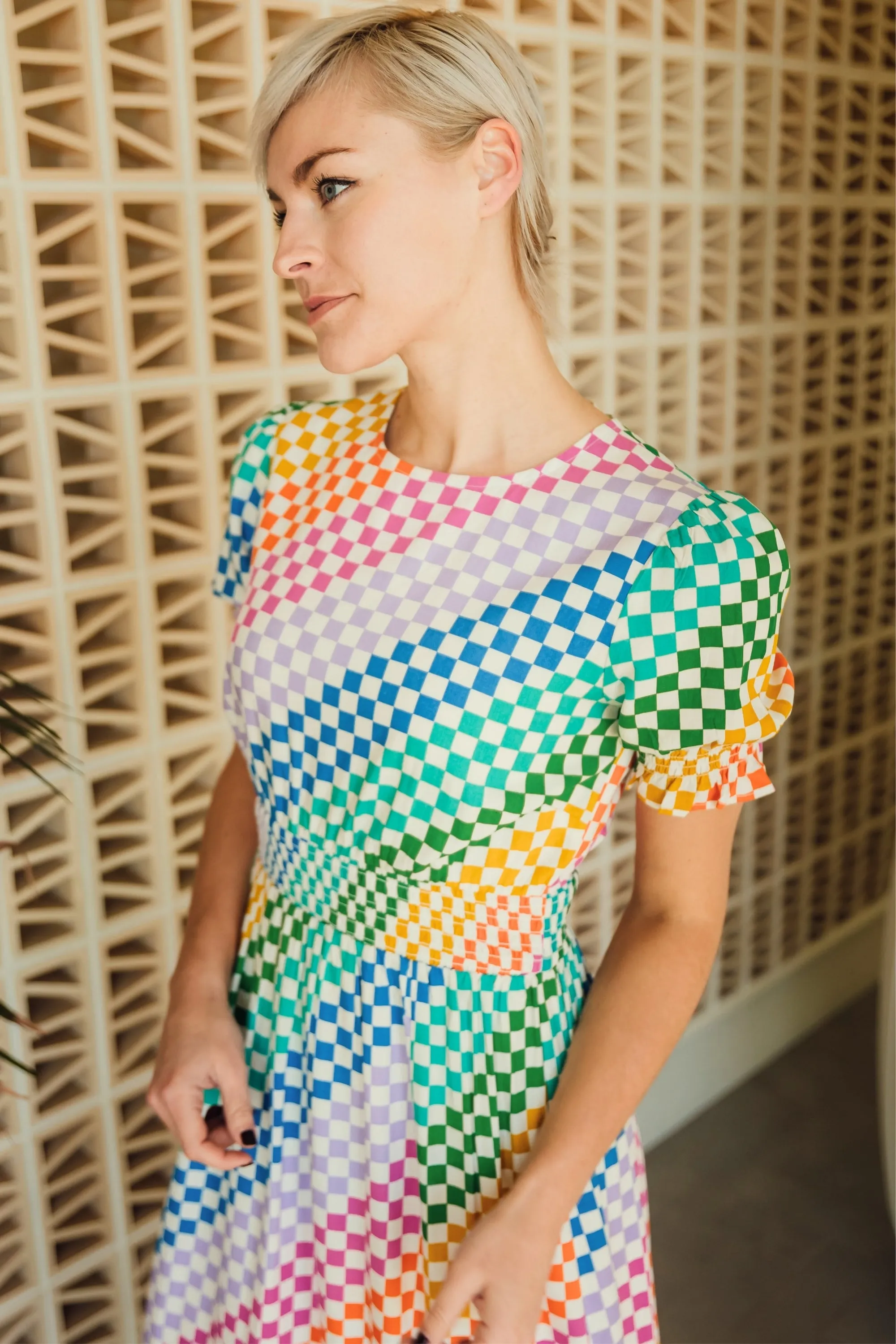 Lindsay Midi Shirred Dress - Multi, Rainbow Checkerboard