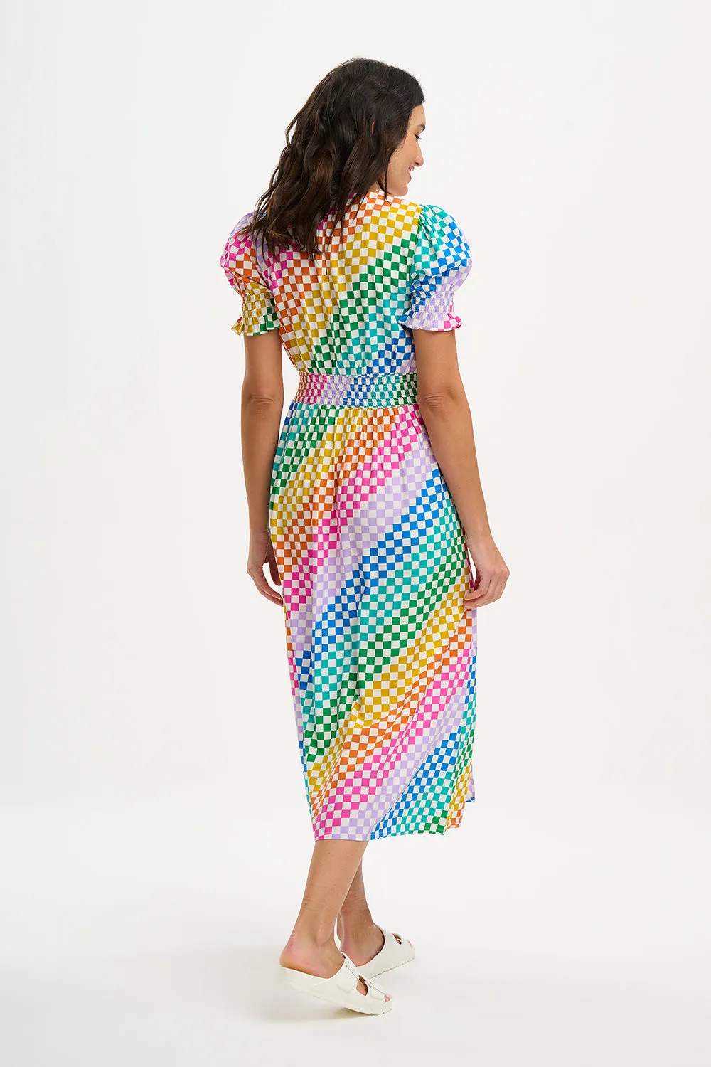 Lindsay Midi Shirred Dress - Multi, Rainbow Checkerboard