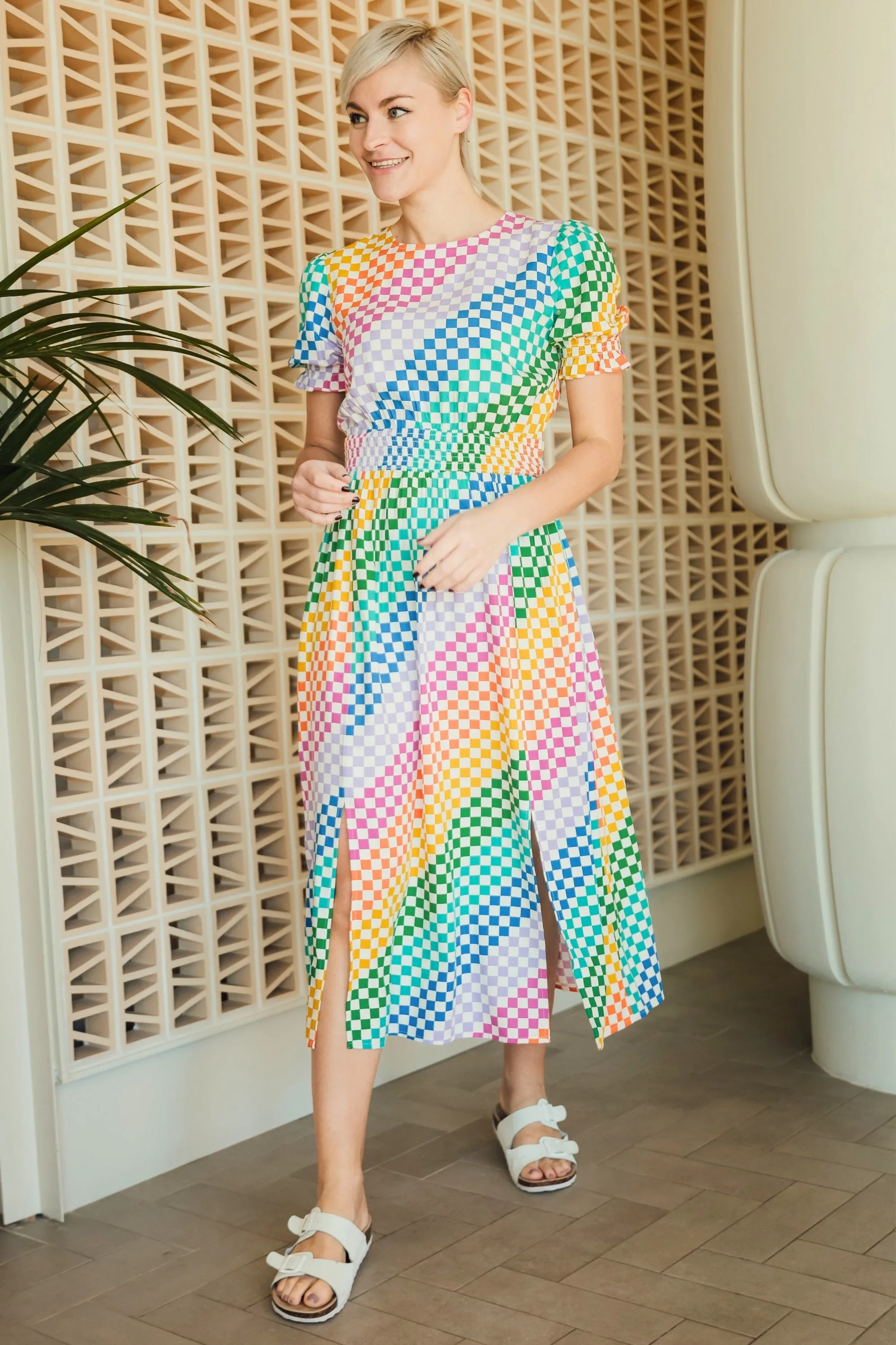 Lindsay Midi Shirred Dress - Multi, Rainbow Checkerboard