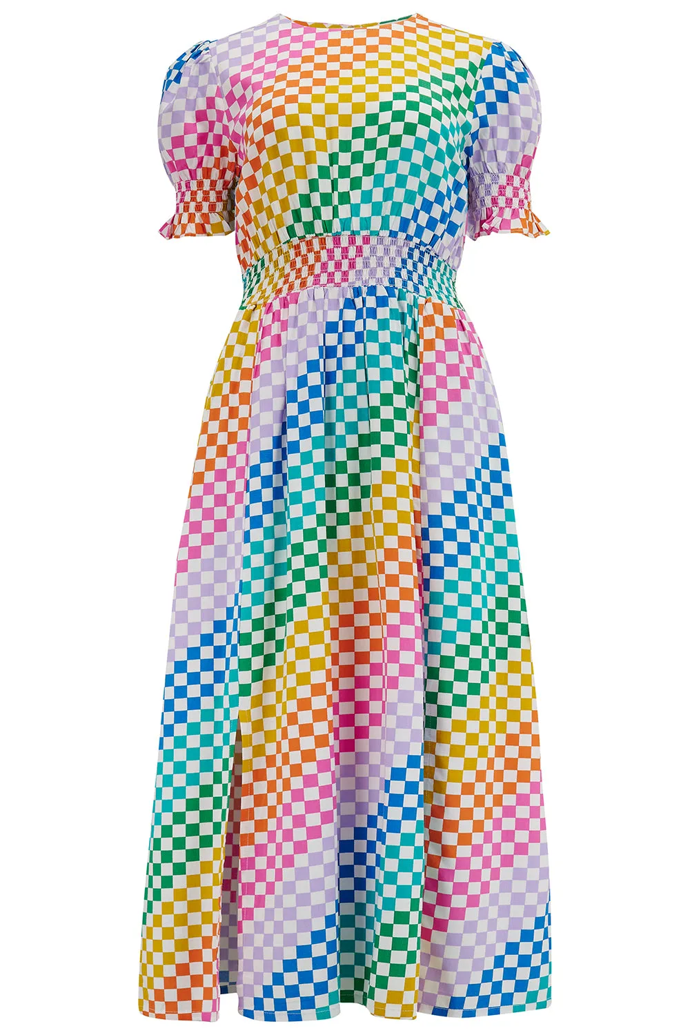 Lindsay Midi Shirred Dress - Multi, Rainbow Checkerboard