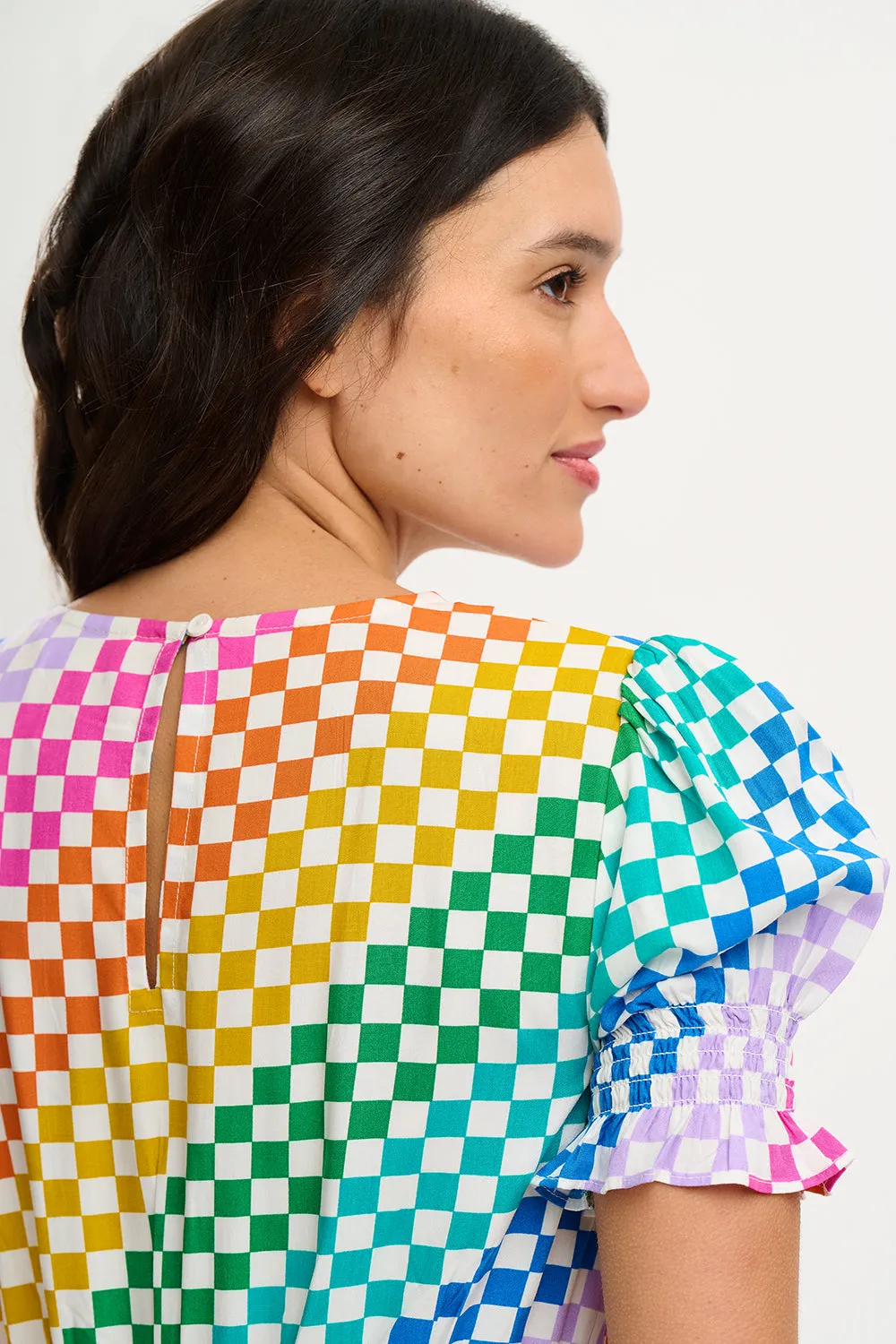 Lindsay Midi Shirred Dress - Multi, Rainbow Checkerboard