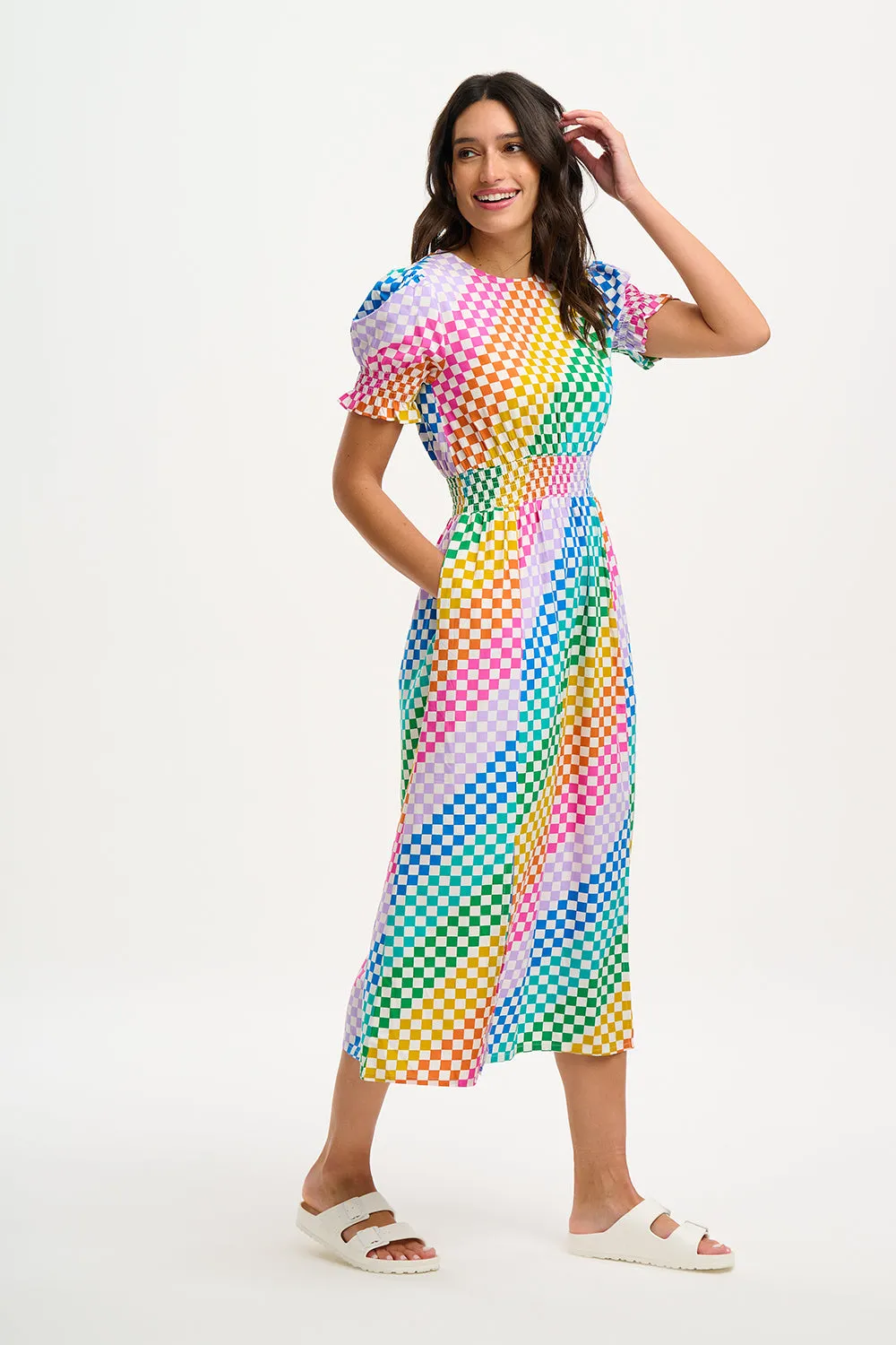 Lindsay Midi Shirred Dress - Multi, Rainbow Checkerboard