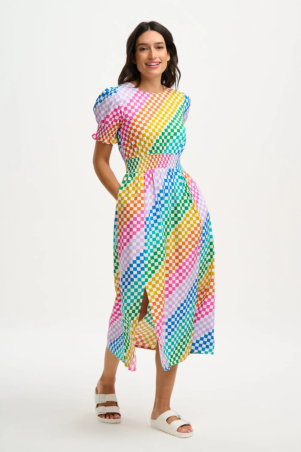 Lindsay Midi Shirred Dress - Multi, Rainbow Checkerboard