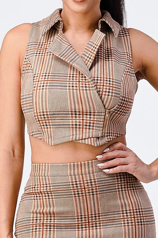 LUX OFFICE STYLE PLAID COLLAR JACKET TOP & SKIRT
