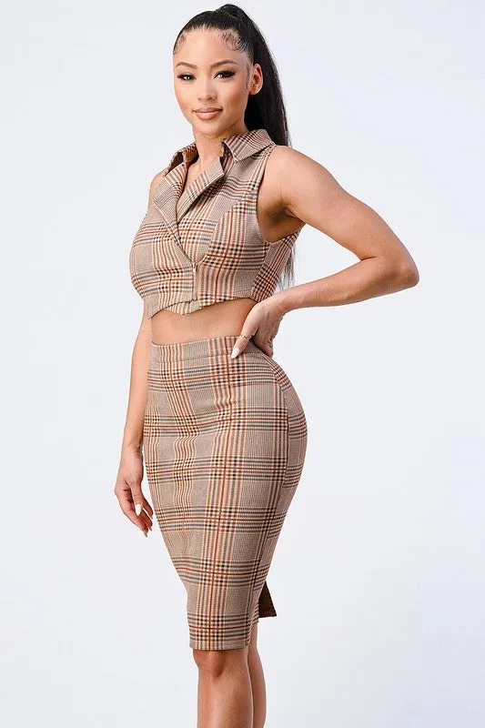 LUX OFFICE STYLE PLAID COLLAR JACKET TOP & SKIRT