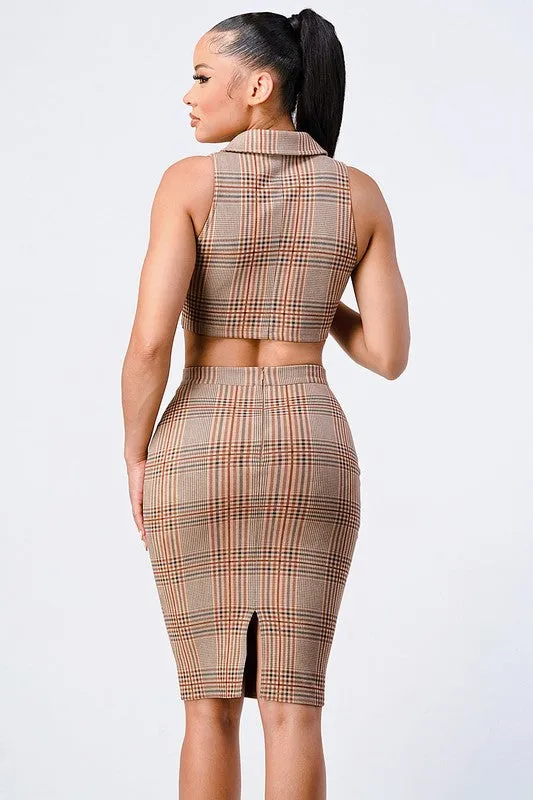 LUX OFFICE STYLE PLAID COLLAR JACKET TOP & SKIRT