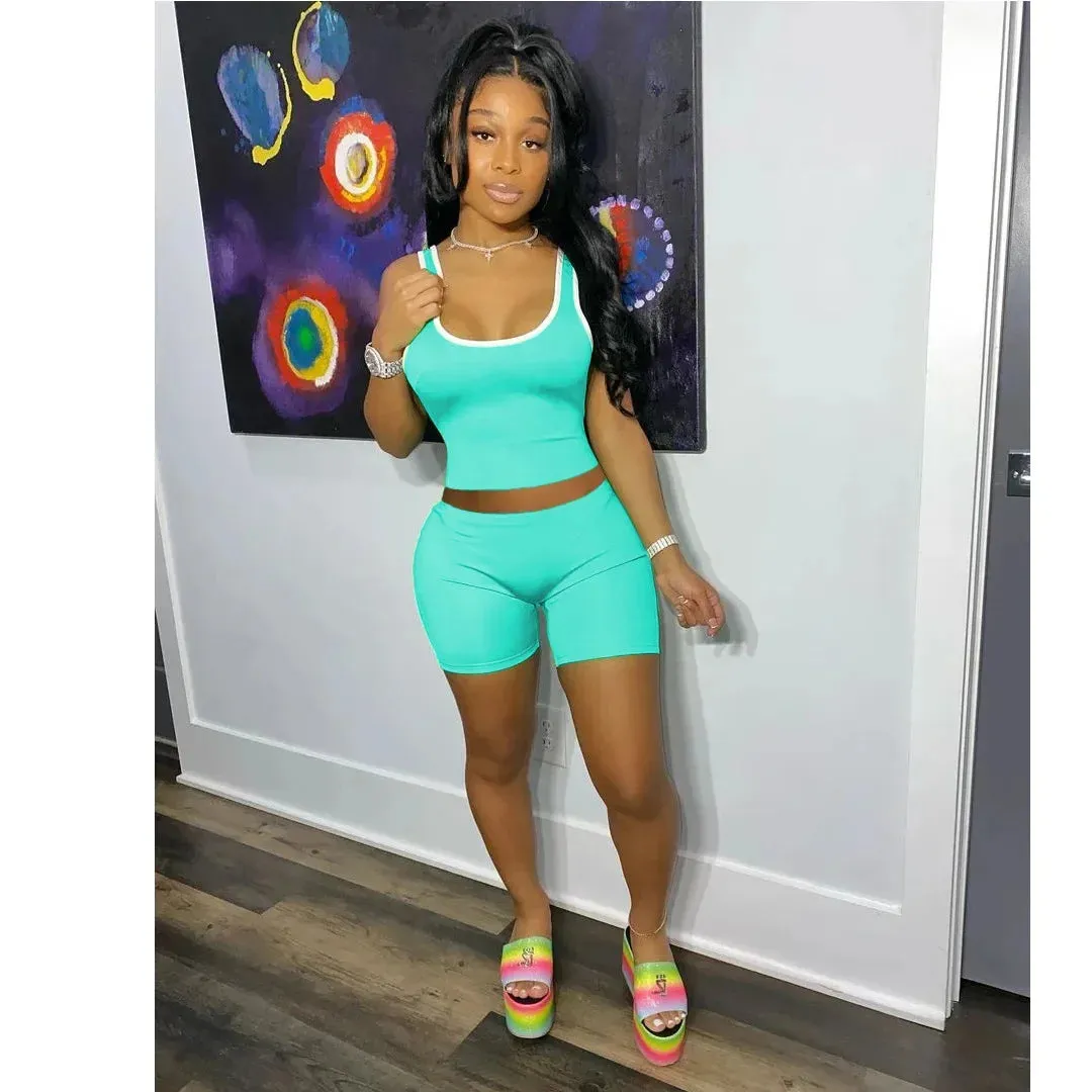 LVSANW 2024 European and American Women's Fashion Sexy Sports Solid Color Tank Top Shorts Set