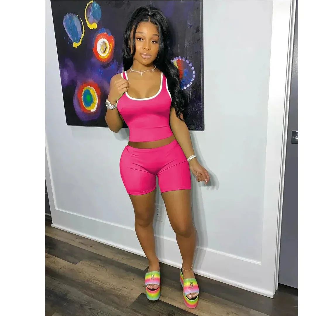 LVSANW 2024 European and American Women's Fashion Sexy Sports Solid Color Tank Top Shorts Set