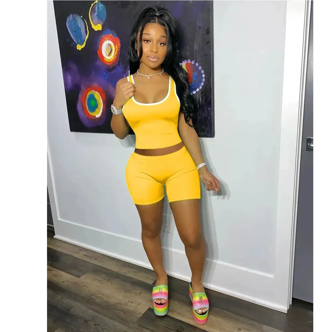 LVSANW 2024 European and American Women's Fashion Sexy Sports Solid Color Tank Top Shorts Set