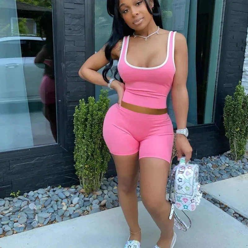 LVSANW 2024 European and American Women's Fashion Sexy Sports Solid Color Tank Top Shorts Set