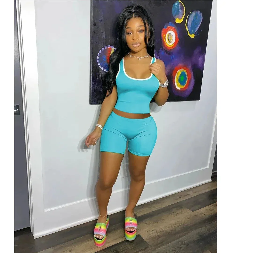 LVSANW 2024 European and American Women's Fashion Sexy Sports Solid Color Tank Top Shorts Set