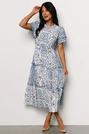 Mirabel Eyelet Midi Dress | White   Blue