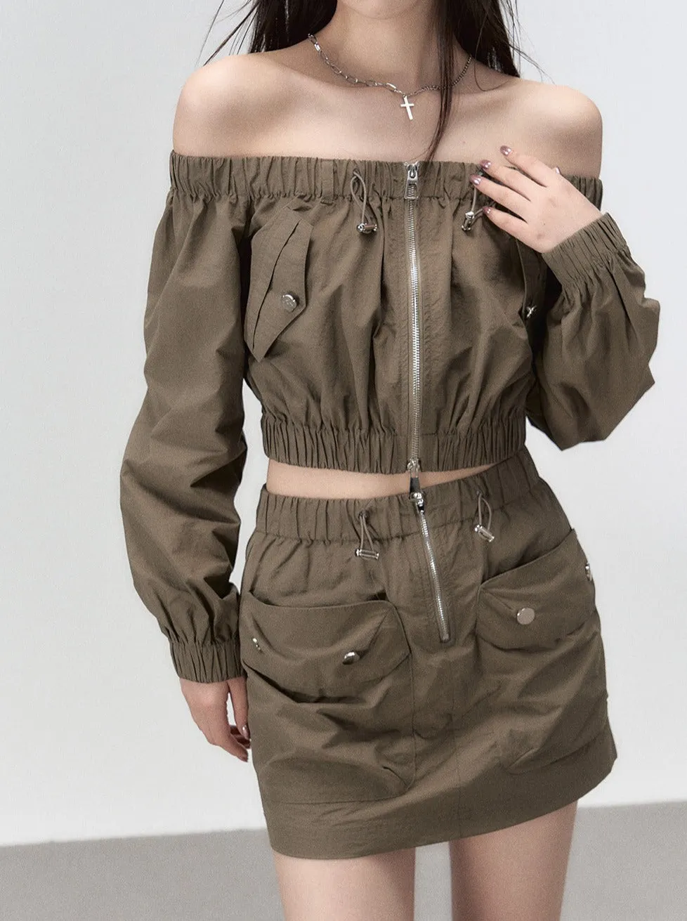Mode Off-the-shoulder Top   Double Pocket Skirt